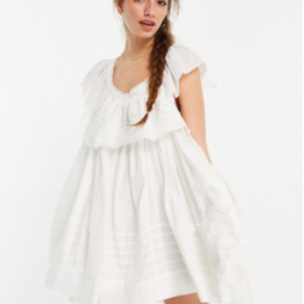 FREE PEOPLE Hailey Mini Dress With Frill Sleeves And Textured Stripe-white M